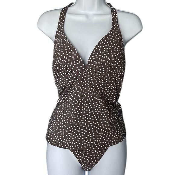 Garnet Hill Signature Tankini Top & Bikini Bottom Women's 12 Brown Polka Dot - Picture 1 of 6